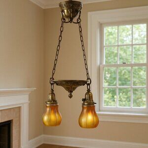 Steuben Glass Works Brass Light Fixture Antique 1900s Gold Aurene Shades USA